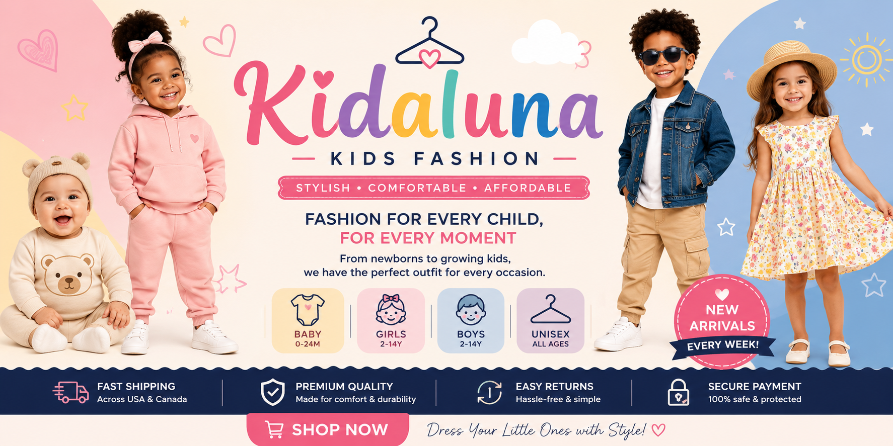 Comfortable and trendy kids fashion for boys & girls. Soft, stylish, and perfect for everyday wear.