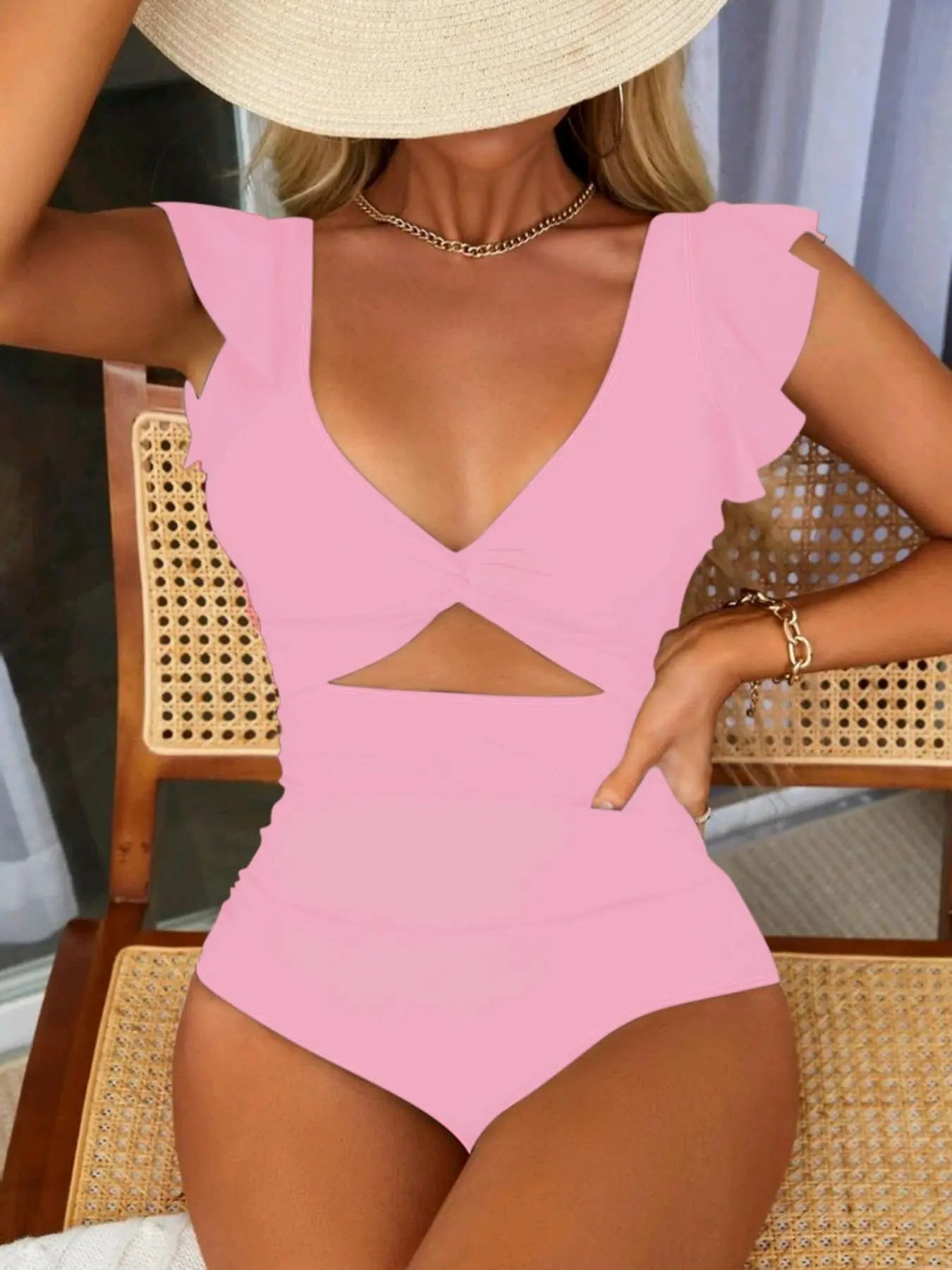 Women'S Plain Cut Out Twist One-Piece Swimsuit, Casual Ruffle Cap Sleeve Deep V Neck Swimwear for Summer, Fashion Women'S Swimsuit for Beach Holiday Vacation, Cutout Swim Suit, Backless Bathing Suit, Chic Swimsuit