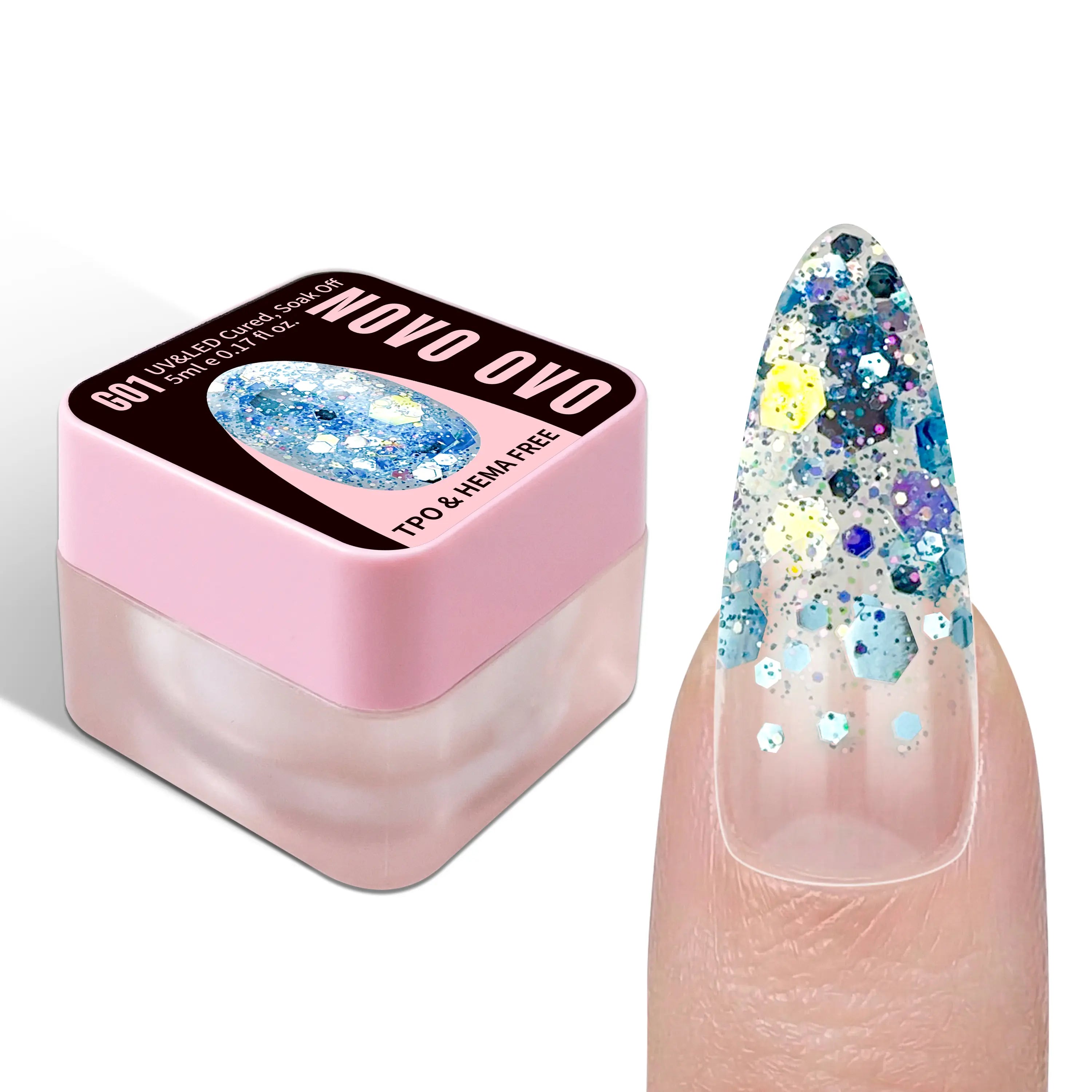 NOVO OVO Chunky Glitter Gel Nail Polish, G01 Oceanic Mist (Blue Holographic Sequins) TPO & HEMA Free, High-Density Sparkle Confetti Varnish, Reflective Soak off UV LED Manicure for DIY Nail Art 5Ml