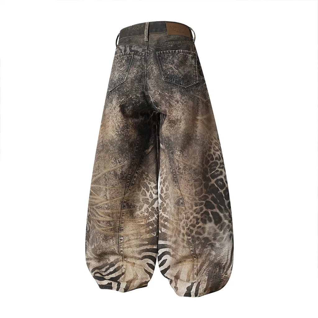 FDR Unisex Animal Print Baggy Jeans, Vintage Washed Wide Leg Barrel Pants, Leopard Pattern Loose Fit Denim Trousers, Casual Retro Style Bottoms for Everyday Wear, Streetwear & Easy Outfits #Summervibes Summerwins