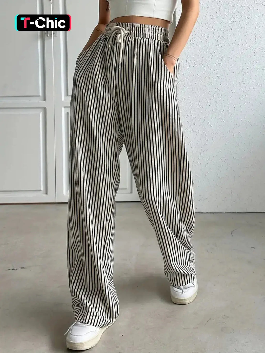 Women'S Striped Print Drawstring Waist Wide-Leg Pants, Womenswear Casual Pocket Woven Fabric Trousers for Summer, Women'S Bottoms for Daily Wear