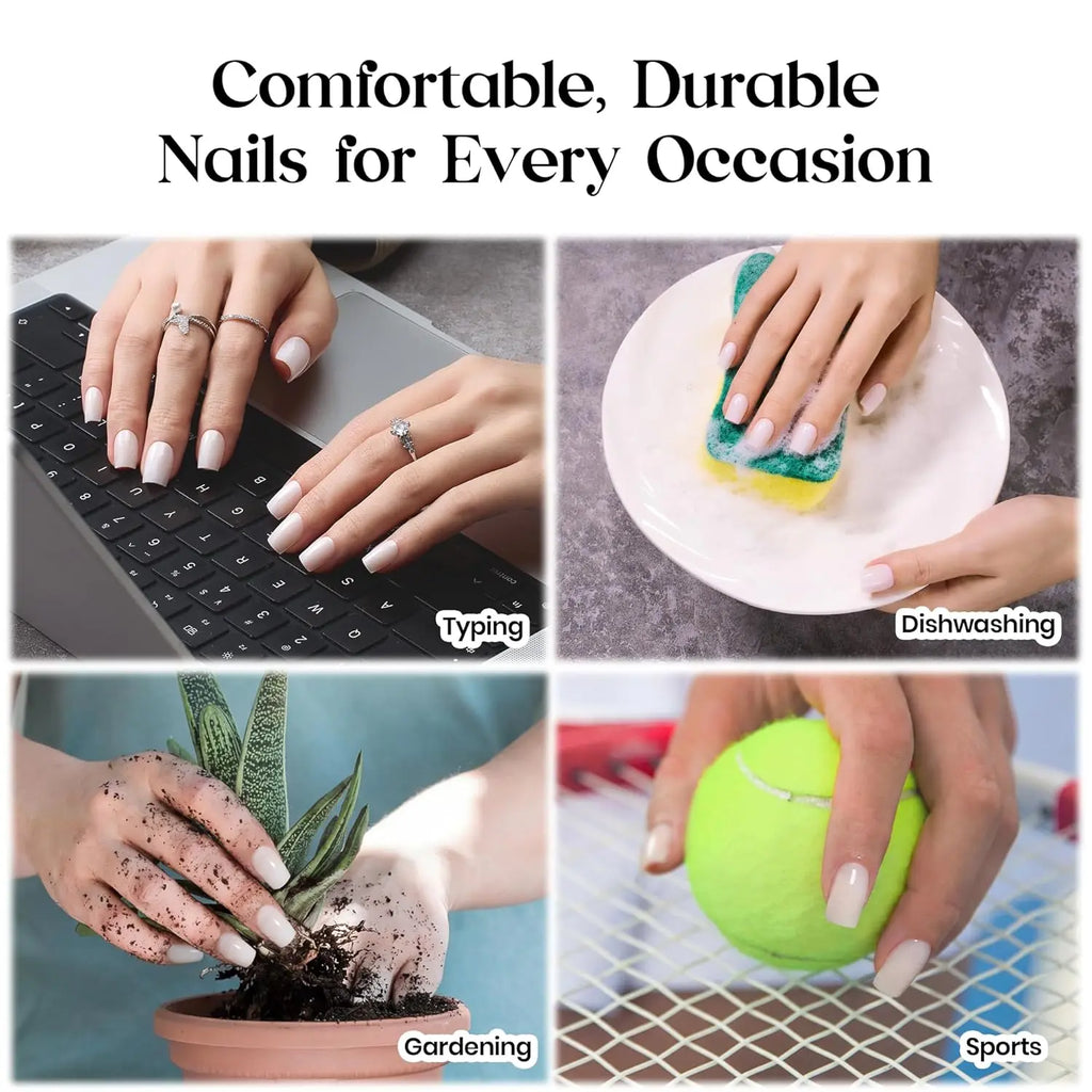 Milky White Beetles Press on Nails | One Reusable Kit (Glue & Tools Included) | No UV Lamp Needed | Natural Glossy Finish | Pre Designed Stick on False Nails with Glue Almond/Square/Coffin/Squoval 16Sizes 32Pcs #Summervibes