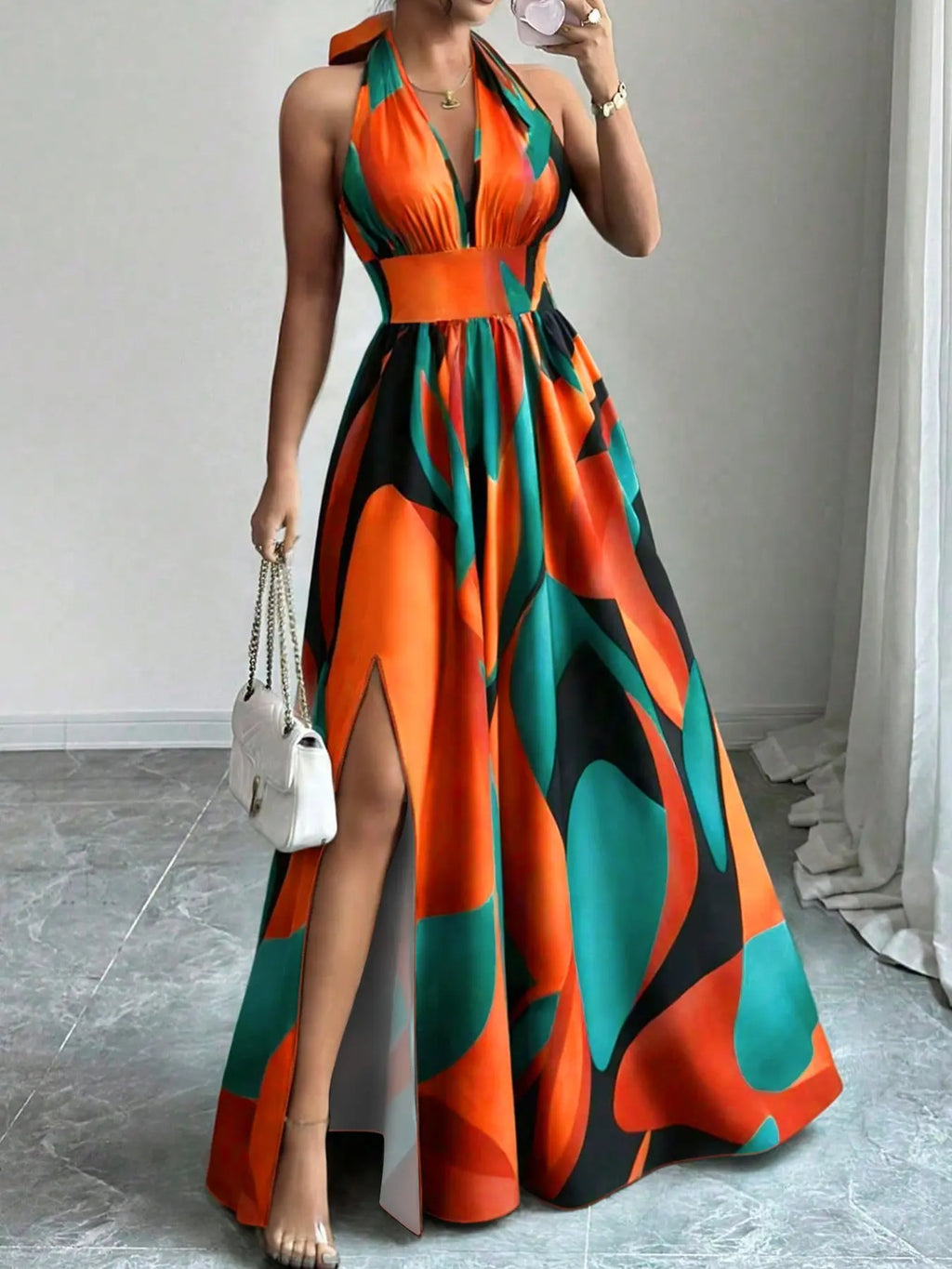 Printed Halter Long Dress, Deep V Neck Split Dress, Vintage Chic Style, Sleeveless Backless, Beach Vacation, Summer New Arrival, Ff2608