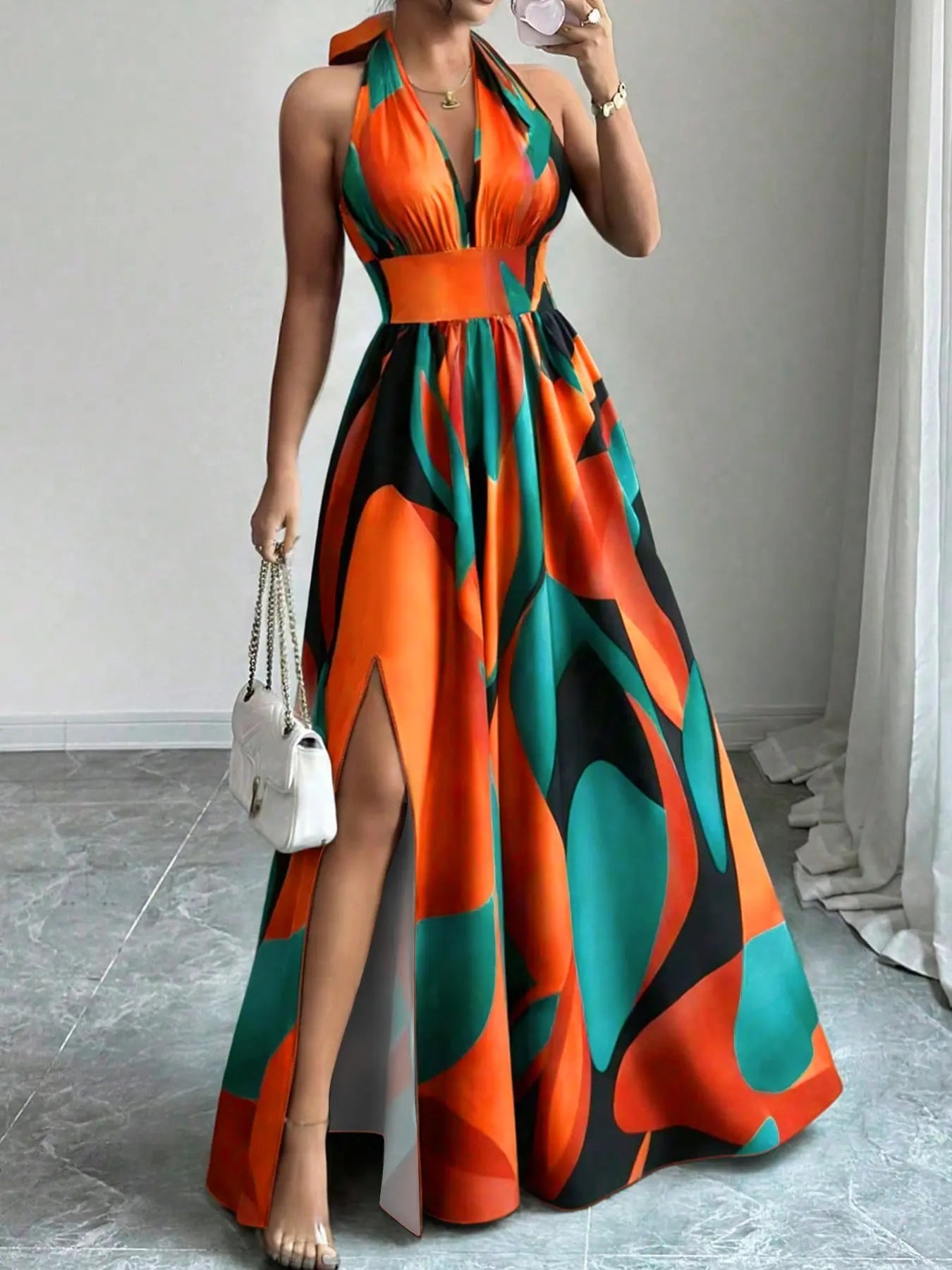Printed Halter Long Dress, Deep V Neck Split Dress, Vintage Chic Style, Sleeveless Backless, Beach Vacation, Summer New Arrival, Ff2608