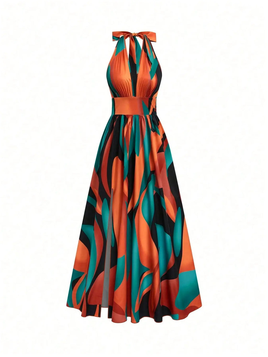 Printed Halter Long Dress, Deep V Neck Split Dress, Vintage Chic Style, Sleeveless Backless, Beach Vacation, Summer New Arrival, Ff2608