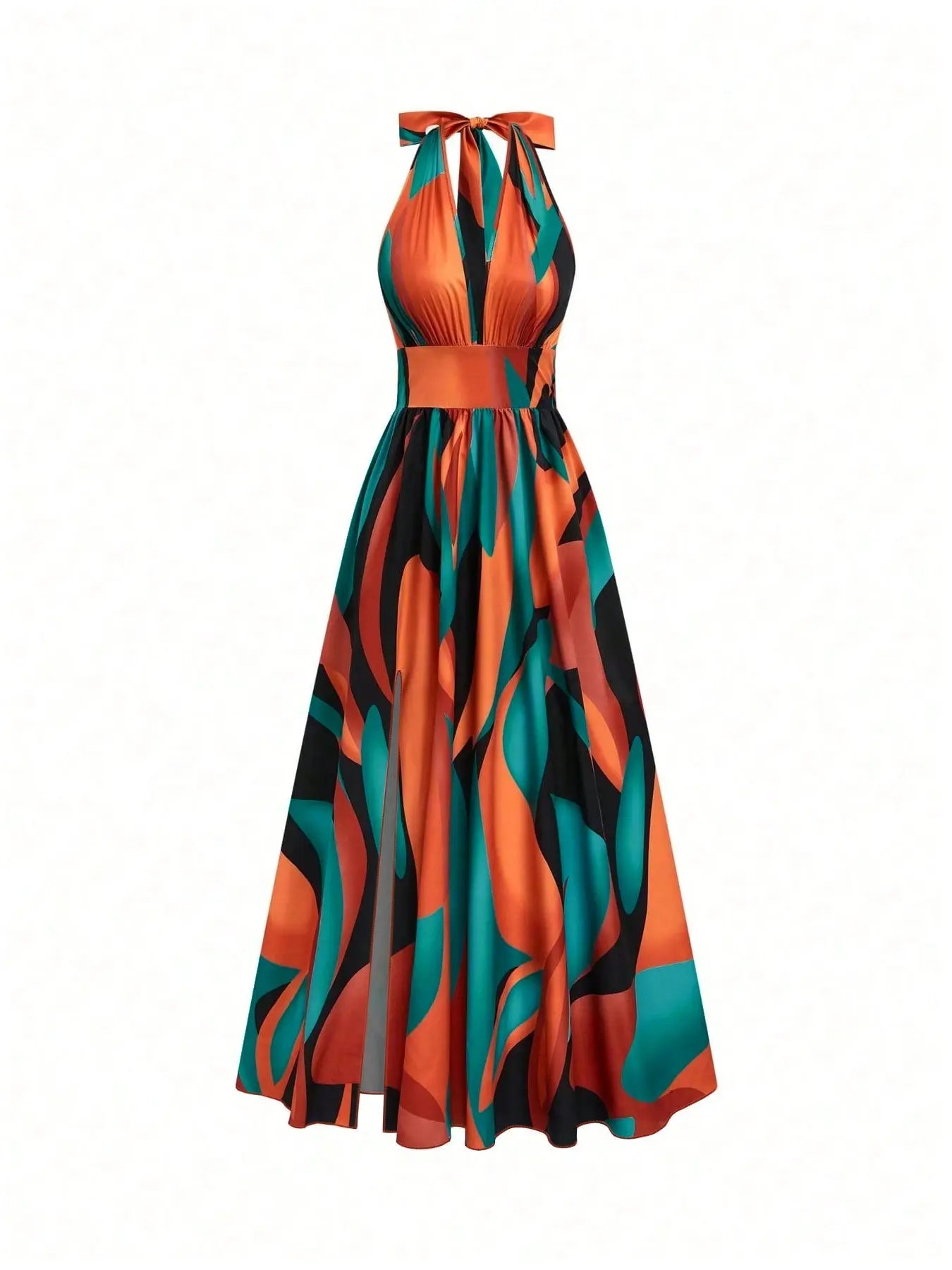 Printed Halter Long Dress, Deep V Neck Split Dress, Vintage Chic Style, Sleeveless Backless, Beach Vacation, Summer New Arrival, Ff2608