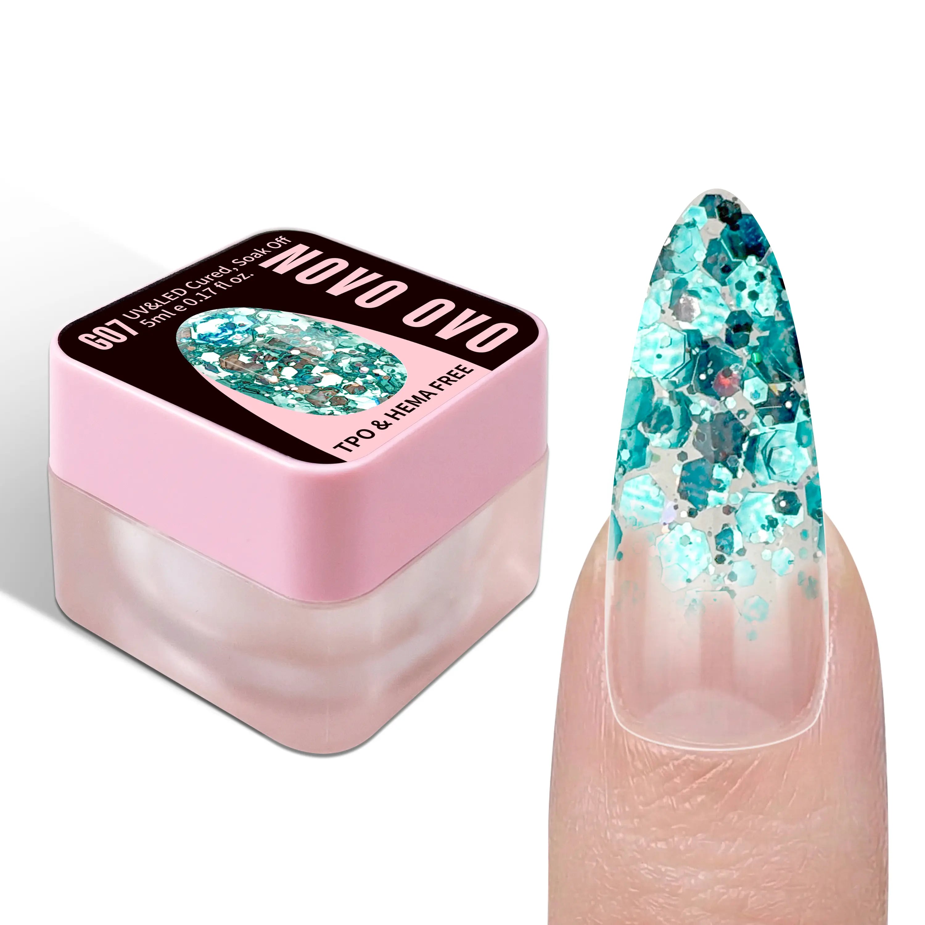 NOVO OVO Chunky Glitter Gel Nail Polish, G01 Oceanic Mist (Blue Holographic Sequins) TPO & HEMA Free, High-Density Sparkle Confetti Varnish, Reflective Soak off UV LED Manicure for DIY Nail Art 5Ml