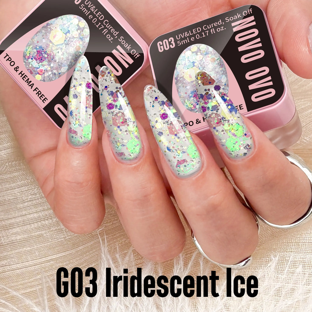 NOVO OVO Chunky Glitter Gel Nail Polish, G03 Iridescent Ice (Aurora Holographic) TPO & HEMA Free, High-Density Sparkle Confetti Varnish, Reflective Soak off UV LED Manicure for DIY Nail Art 5Ml