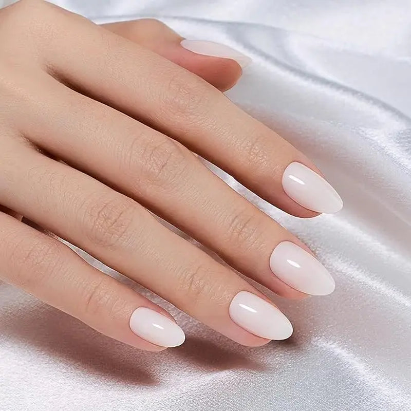 Milky White Beetles Press on Nails | One Reusable Kit (Glue & Tools Included) | No UV Lamp Needed | Natural Glossy Finish | Pre Designed Stick on False Nails with Glue Almond/Square/Coffin/Squoval 16Sizes 32Pcs #Summervibes