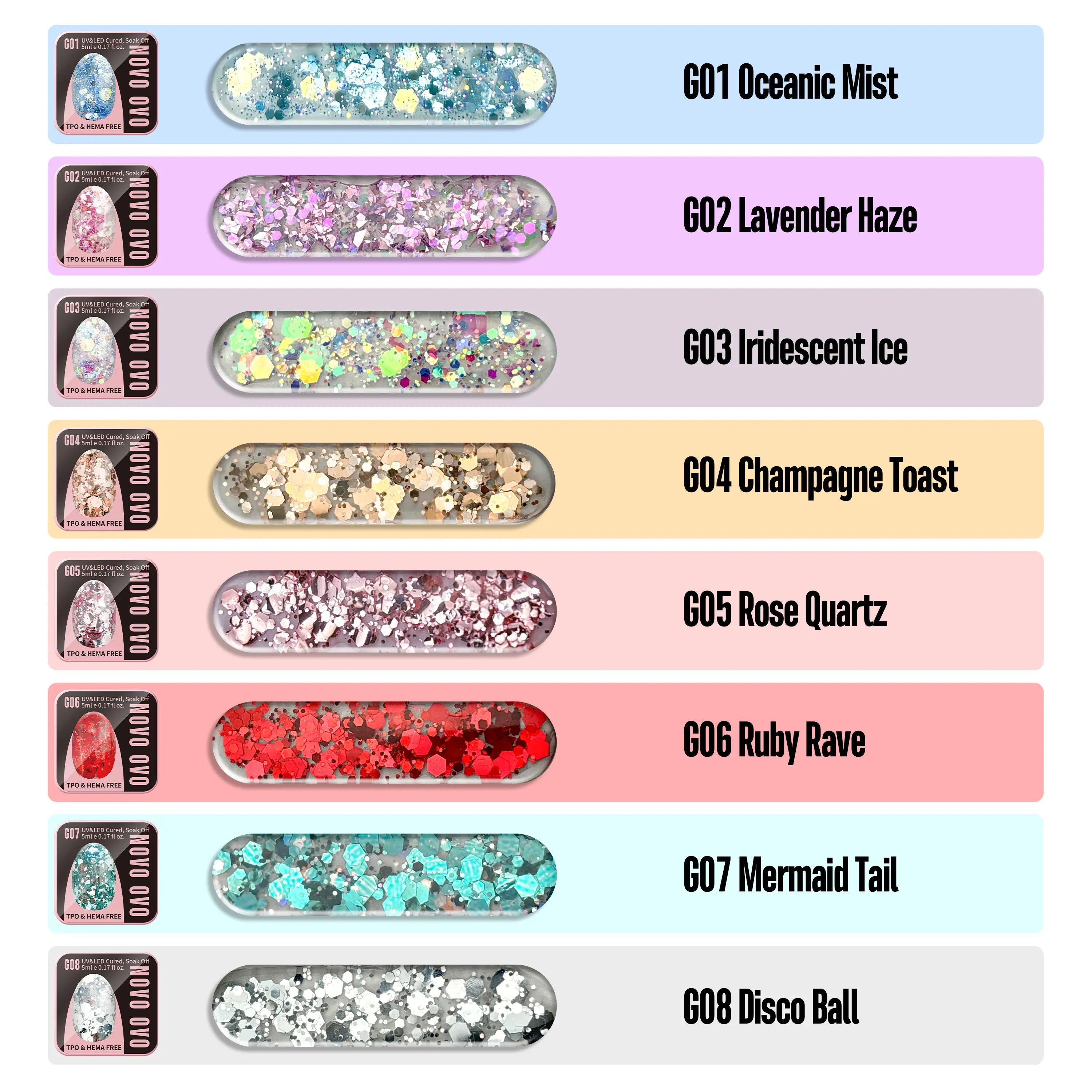 NOVO OVO Chunky Glitter Gel Nail Polish, G03 Iridescent Ice (Aurora Holographic) TPO & HEMA Free, High-Density Sparkle Confetti Varnish, Reflective Soak off UV LED Manicure for DIY Nail Art 5Ml