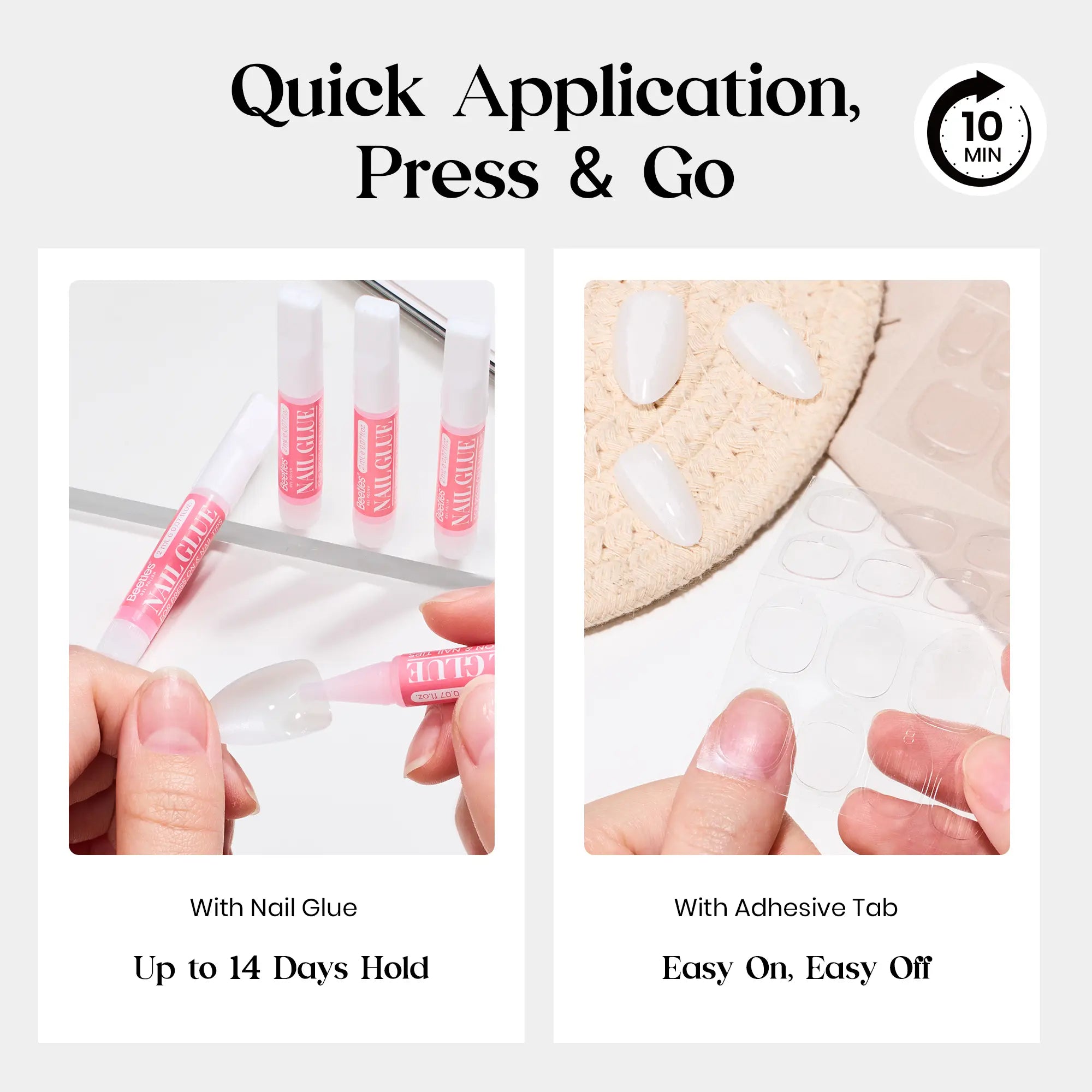 Milky White Beetles Press on Nails | One Reusable Kit (Glue & Tools Included) | No UV Lamp Needed | Natural Glossy Finish | Pre Designed Stick on False Nails with Glue Almond/Square/Coffin/Squoval 16Sizes 32Pcs #Summervibes