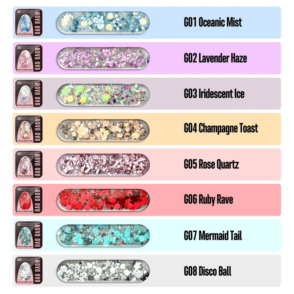 NOVO OVO Chunky Glitter Gel Nail Polish, G01 Oceanic Mist (Blue Holographic Sequins) TPO & HEMA Free, High-Density Sparkle Confetti Varnish, Reflective Soak off UV LED Manicure for DIY Nail Art 5Ml