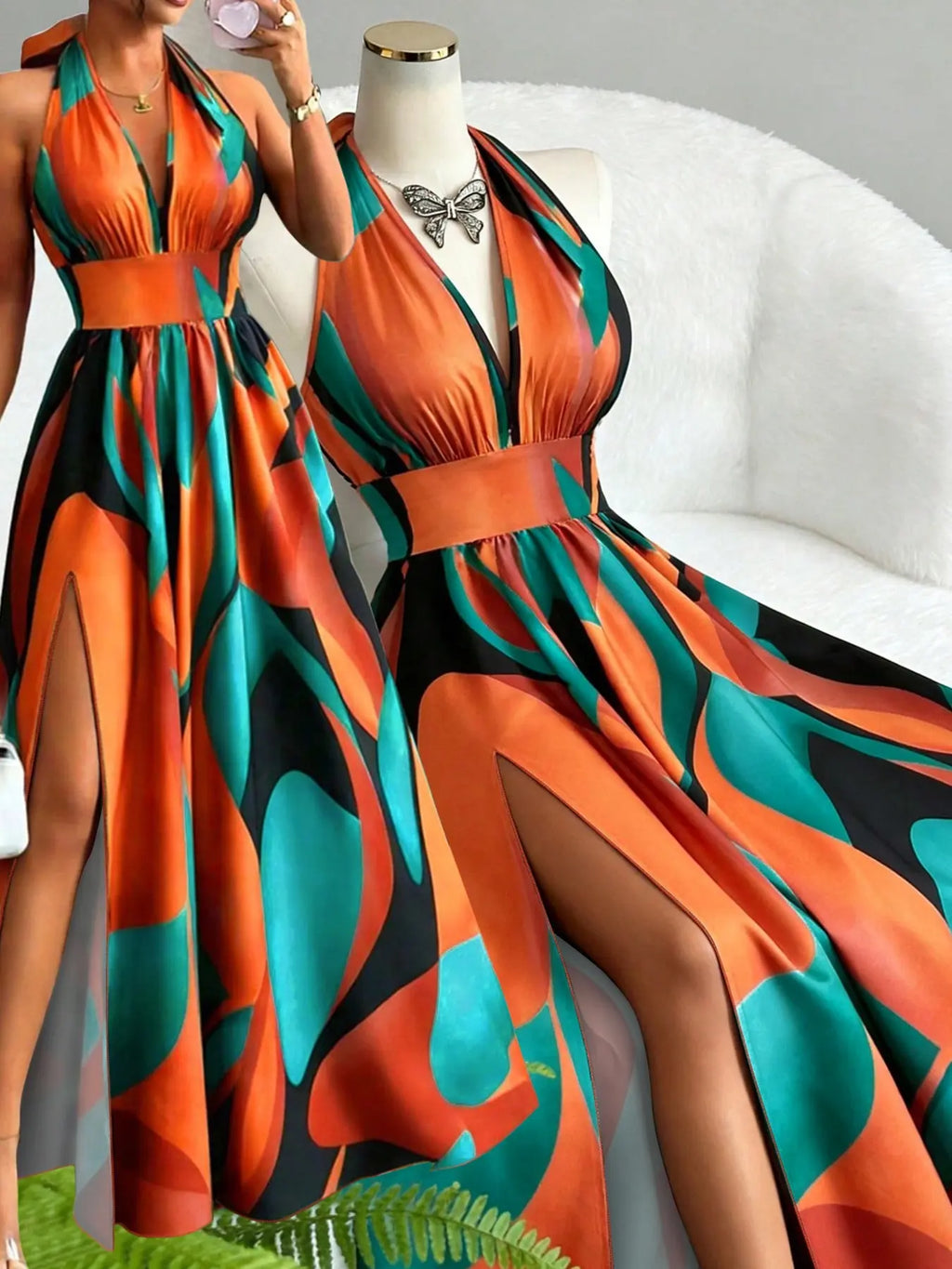 Printed Halter Long Dress, Deep V Neck Split Dress, Vintage Chic Style, Sleeveless Backless, Beach Vacation, Summer New Arrival, Ff2608