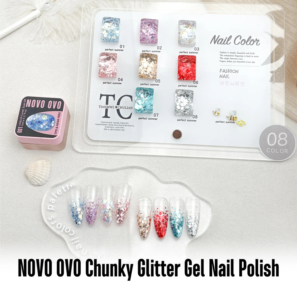 NOVO OVO Chunky Glitter Gel Nail Polish, G03 Iridescent Ice (Aurora Holographic) TPO & HEMA Free, High-Density Sparkle Confetti Varnish, Reflective Soak off UV LED Manicure for DIY Nail Art 5Ml