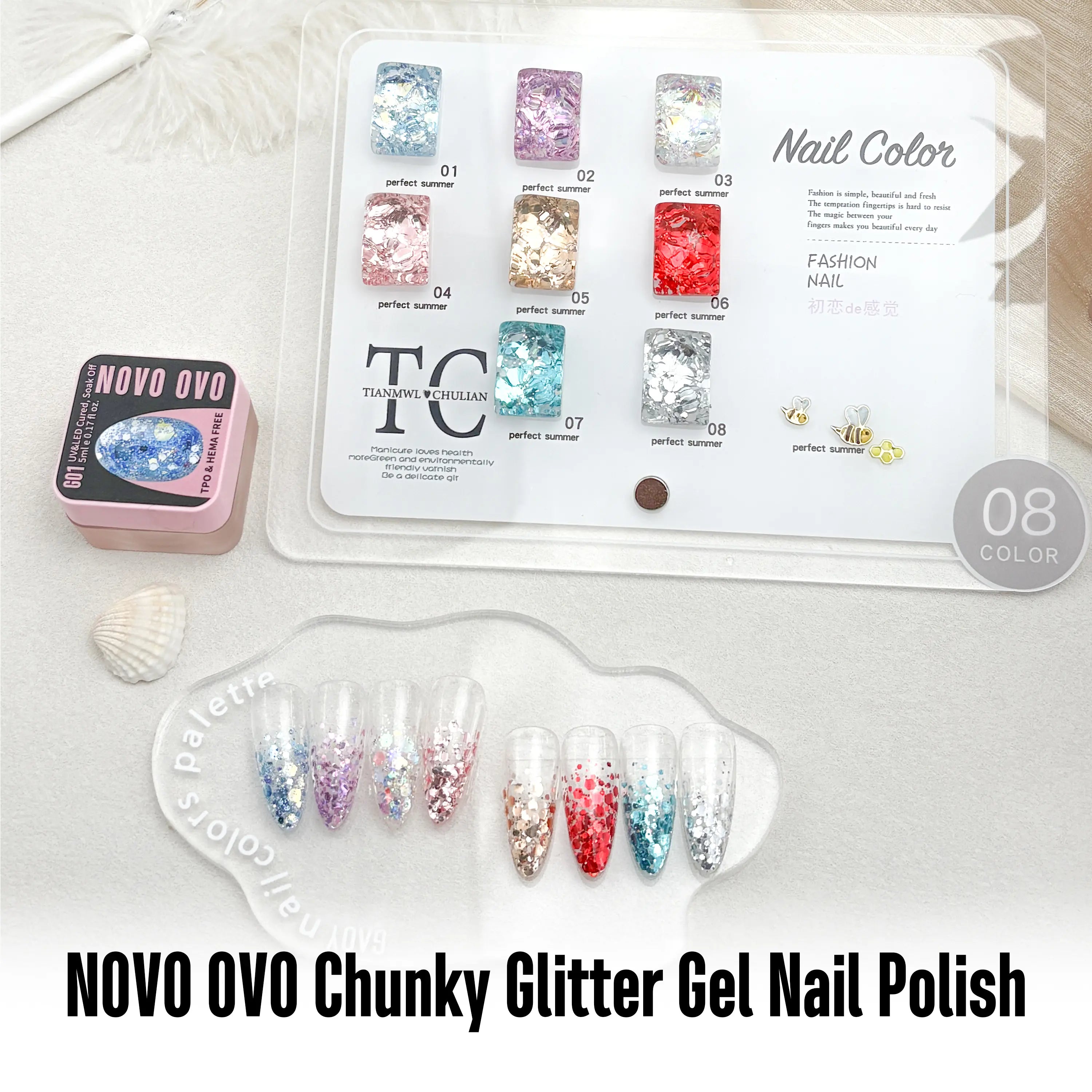 NOVO OVO Chunky Glitter Gel Nail Polish, G03 Iridescent Ice (Aurora Holographic) TPO & HEMA Free, High-Density Sparkle Confetti Varnish, Reflective Soak off UV LED Manicure for DIY Nail Art 5Ml