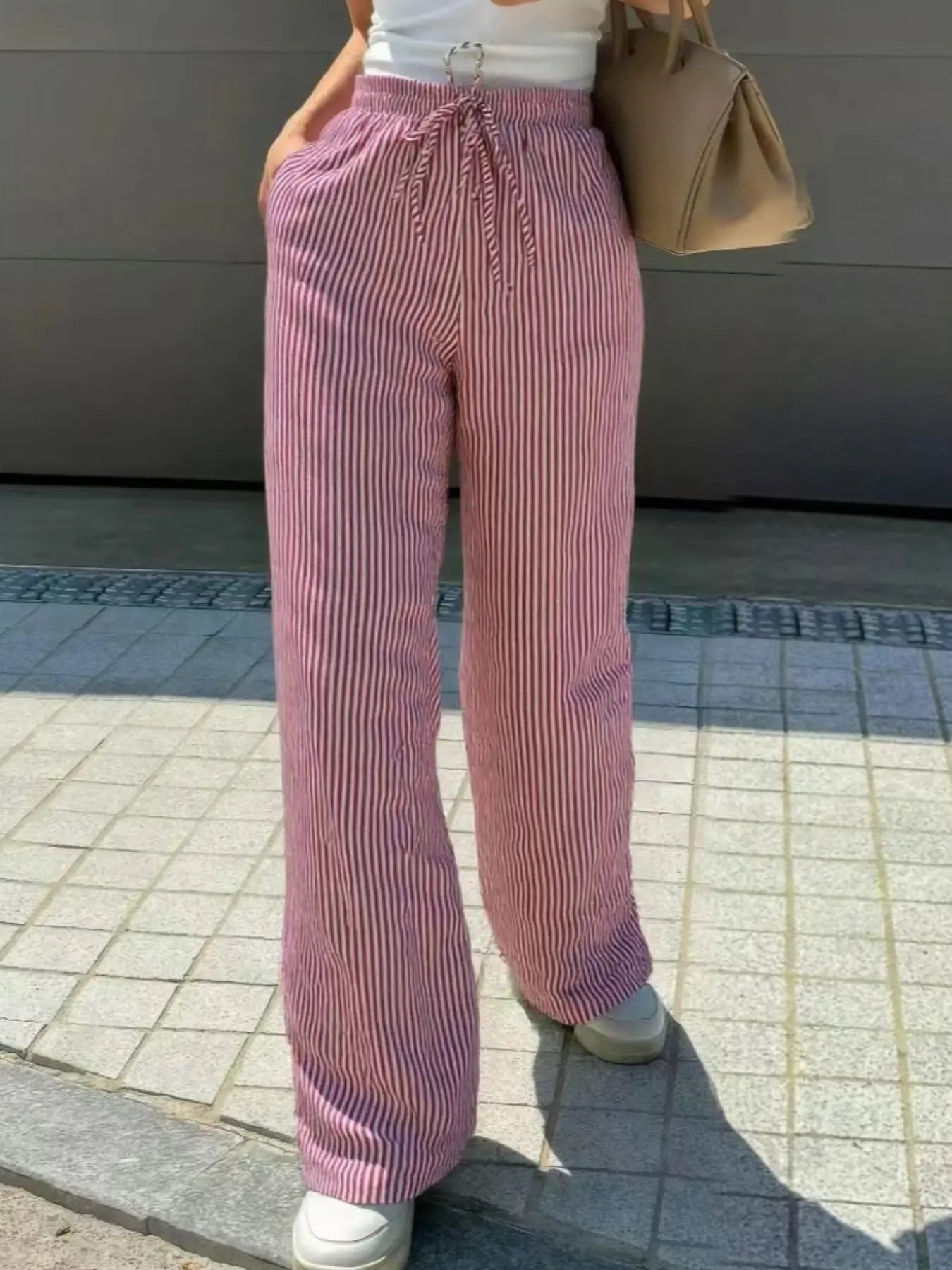 Women'S Striped Print Drawstring Waist Wide-Leg Pants, Womenswear Casual Pocket Woven Fabric Trousers for Summer, Women'S Bottoms for Daily Wear