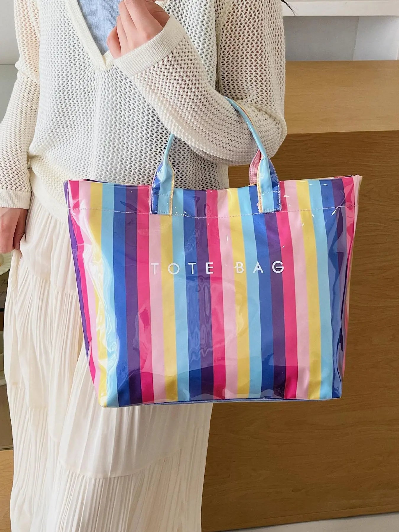 Women'S Simple and Stylish Multi-Color Striped Letter Tote Bag, Daily Large-Capacity Casual Easy-To-Match PVC Checkerboard Handbag, Jelly Tote Bag, Suitable for Various Occasions Such as Commuting, Traveling, Dating, Shopping, Etc., Commuter Tote