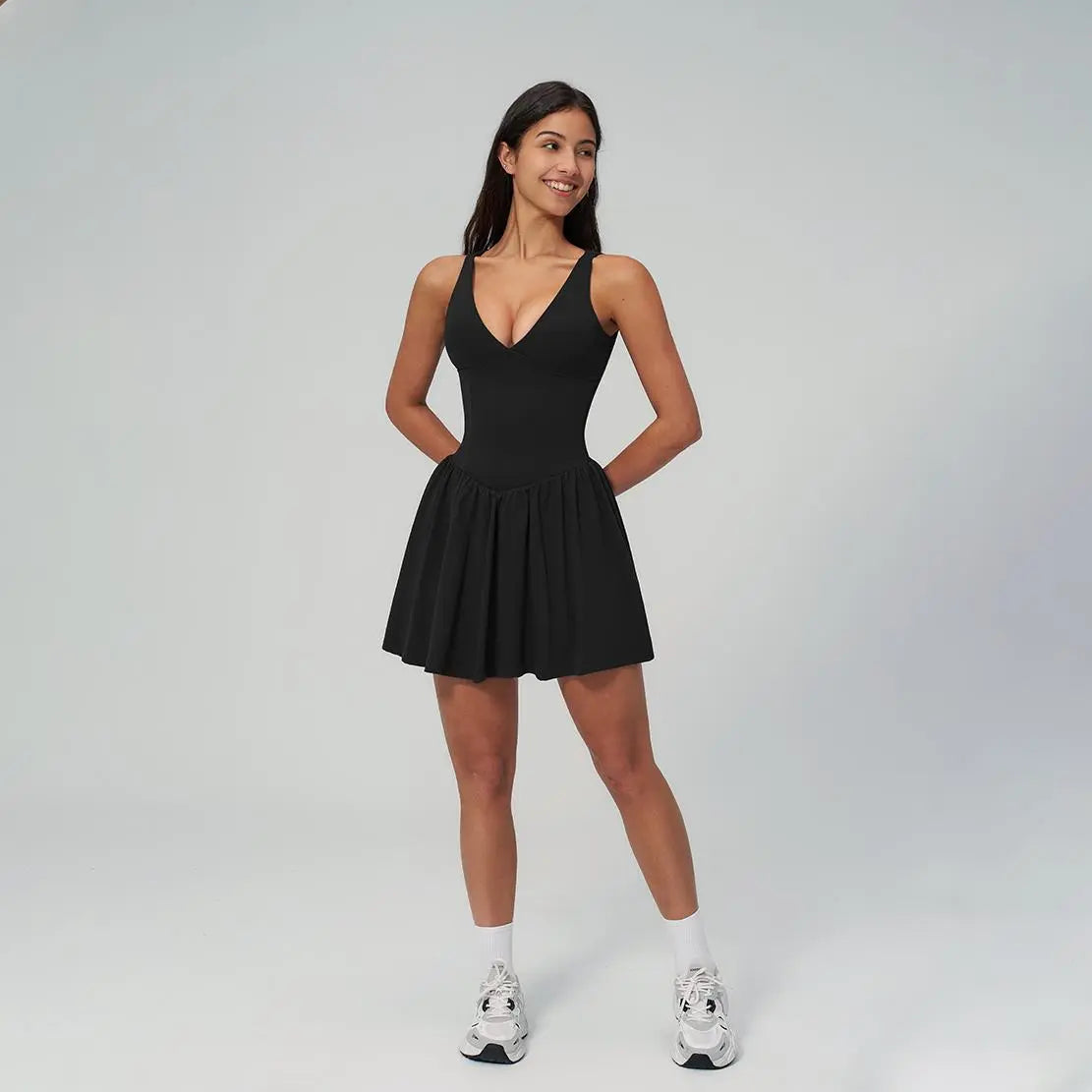 NVWA Women'S Summervibes Sexy V-Neck Strappy Sleeveless Athletic Cut Dress - Fitted Waist, Open-Back, Soft Stretch Nylon Fabric, Cooling Quick-Drying, Figure-Flattering for Casual Wear, Workouts, Dresses,Summerwins
