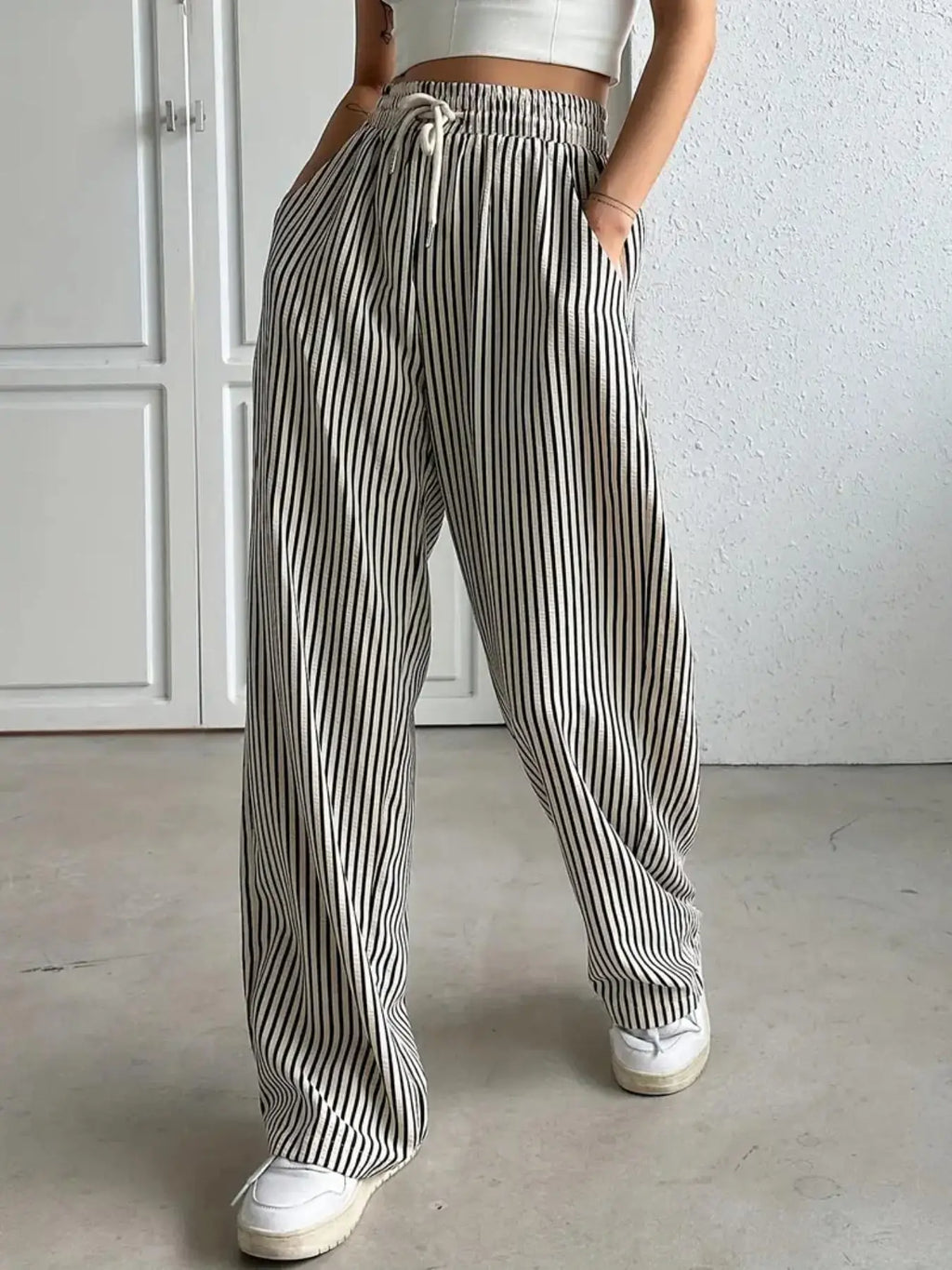 Women'S Striped Print Drawstring Waist Wide-Leg Pants, Womenswear Casual Pocket Woven Fabric Trousers for Summer, Women'S Bottoms for Daily Wear