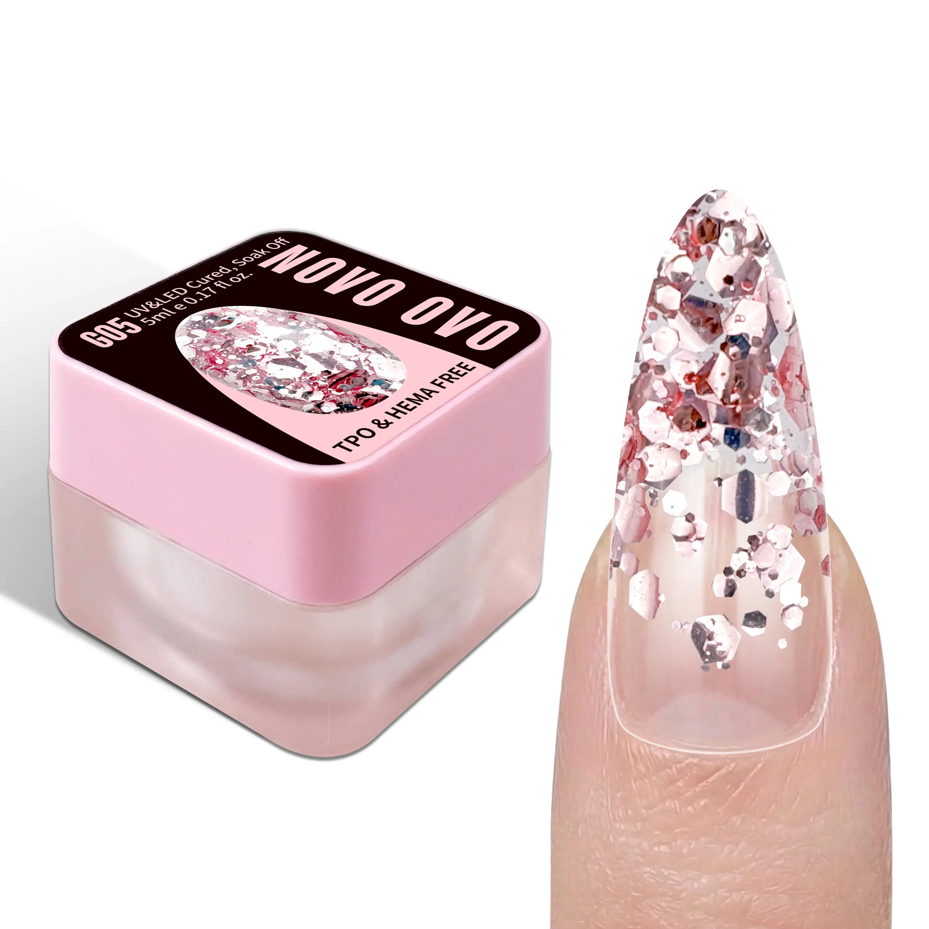 NOVO OVO Chunky Glitter Gel Nail Polish, G01 Oceanic Mist (Blue Holographic Sequins) TPO & HEMA Free, High-Density Sparkle Confetti Varnish, Reflective Soak off UV LED Manicure for DIY Nail Art 5Ml
