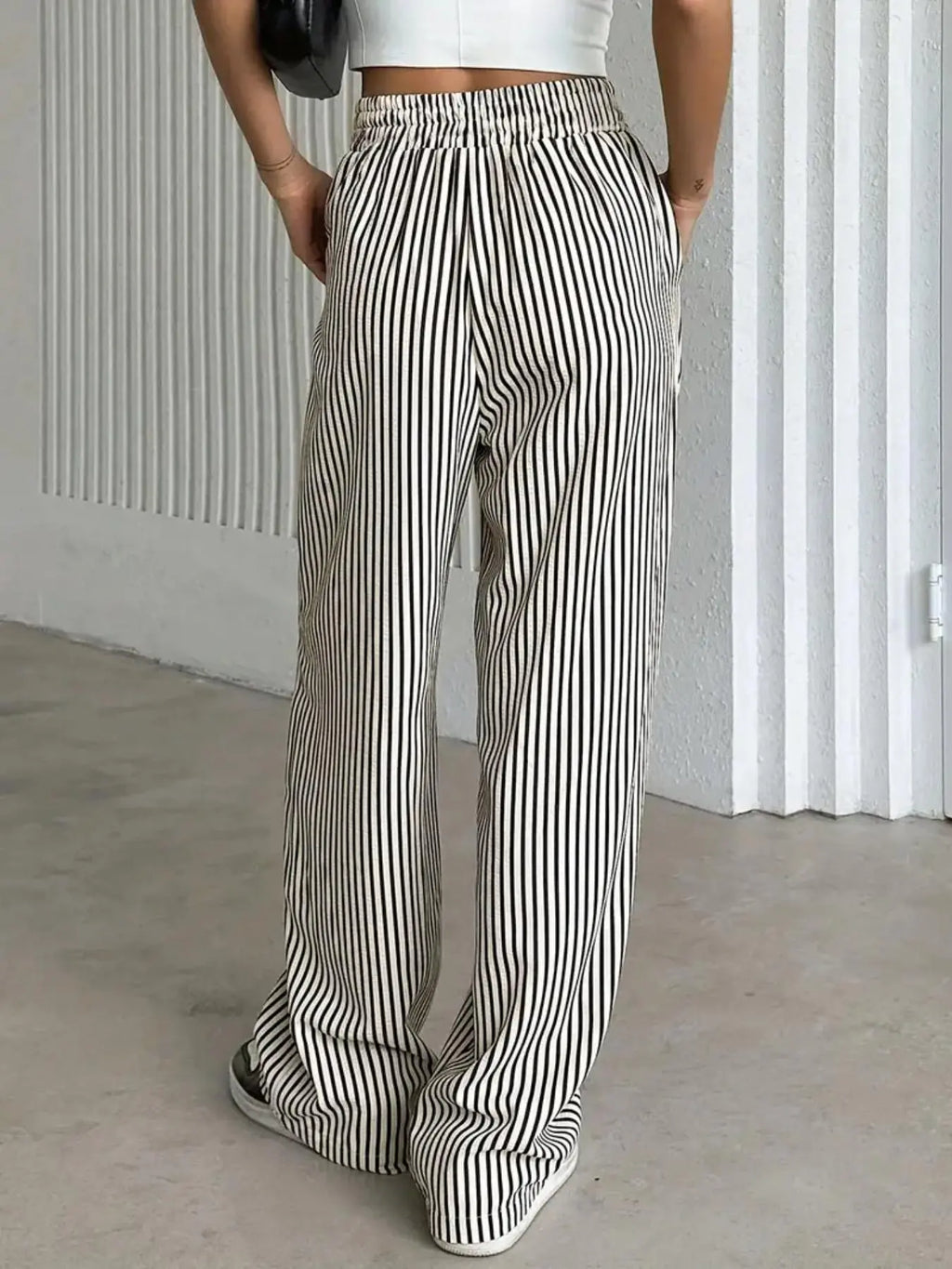 Women'S Striped Print Drawstring Waist Wide-Leg Pants, Womenswear Casual Pocket Woven Fabric Trousers for Summer, Women'S Bottoms for Daily Wear