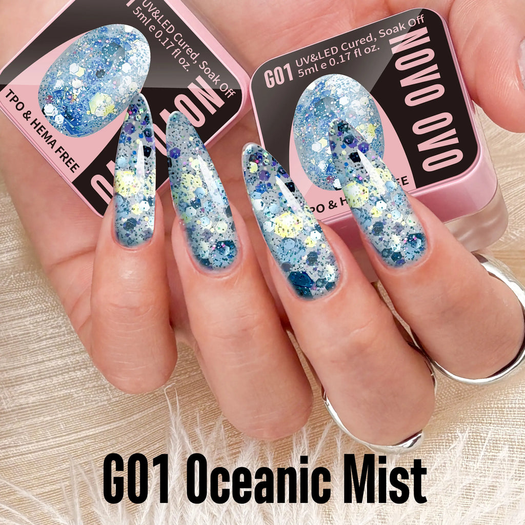 NOVO OVO Chunky Glitter Gel Nail Polish, G01 Oceanic Mist (Blue Holographic Sequins) TPO & HEMA Free, High-Density Sparkle Confetti Varnish, Reflective Soak off UV LED Manicure for DIY Nail Art 5Ml