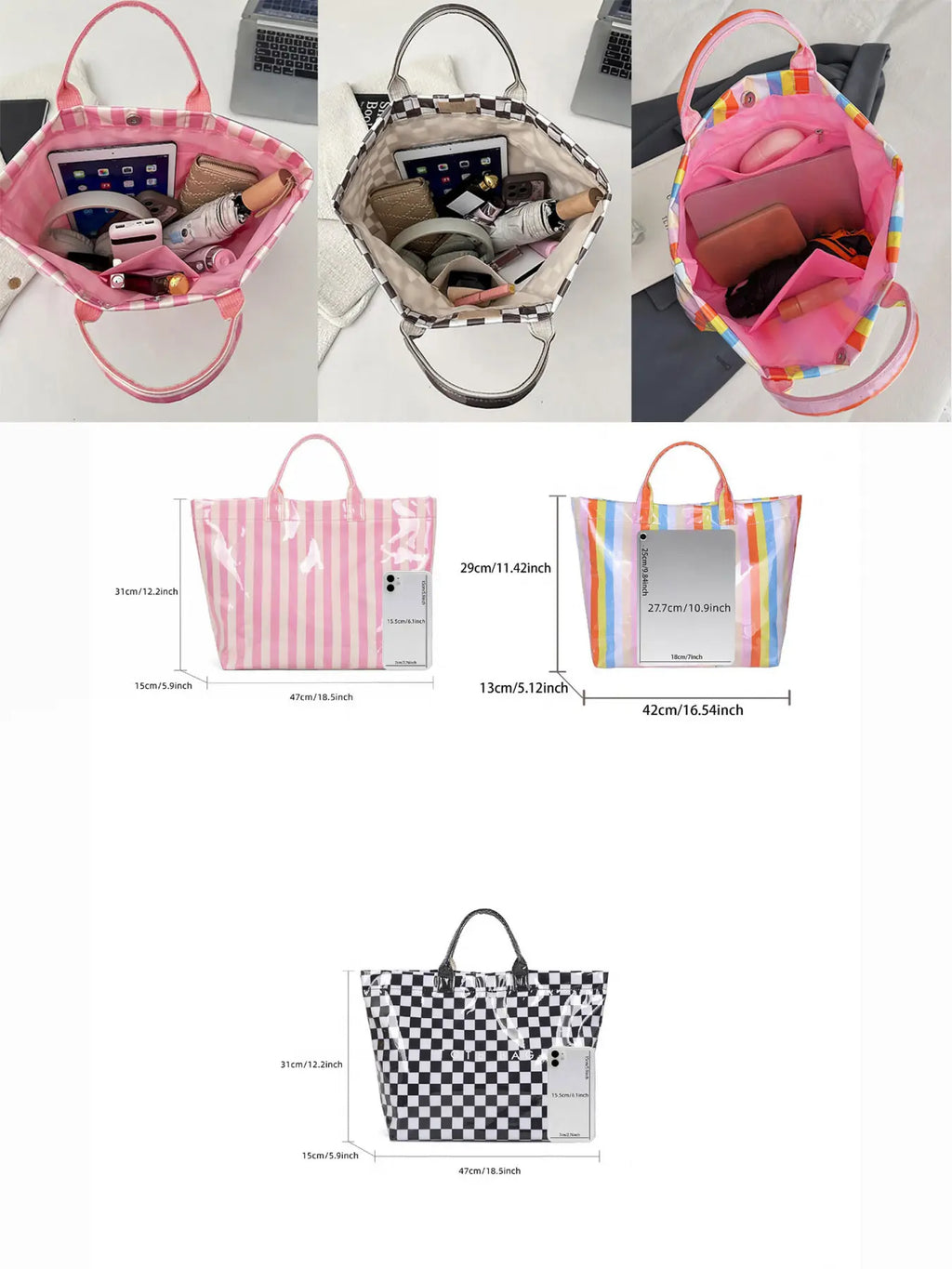 Women'S Simple and Stylish Multi-Color Striped Letter Tote Bag, Daily Large-Capacity Casual Easy-To-Match PVC Checkerboard Handbag, Jelly Tote Bag, Suitable for Various Occasions Such as Commuting, Traveling, Dating, Shopping, Etc., Commuter Tote