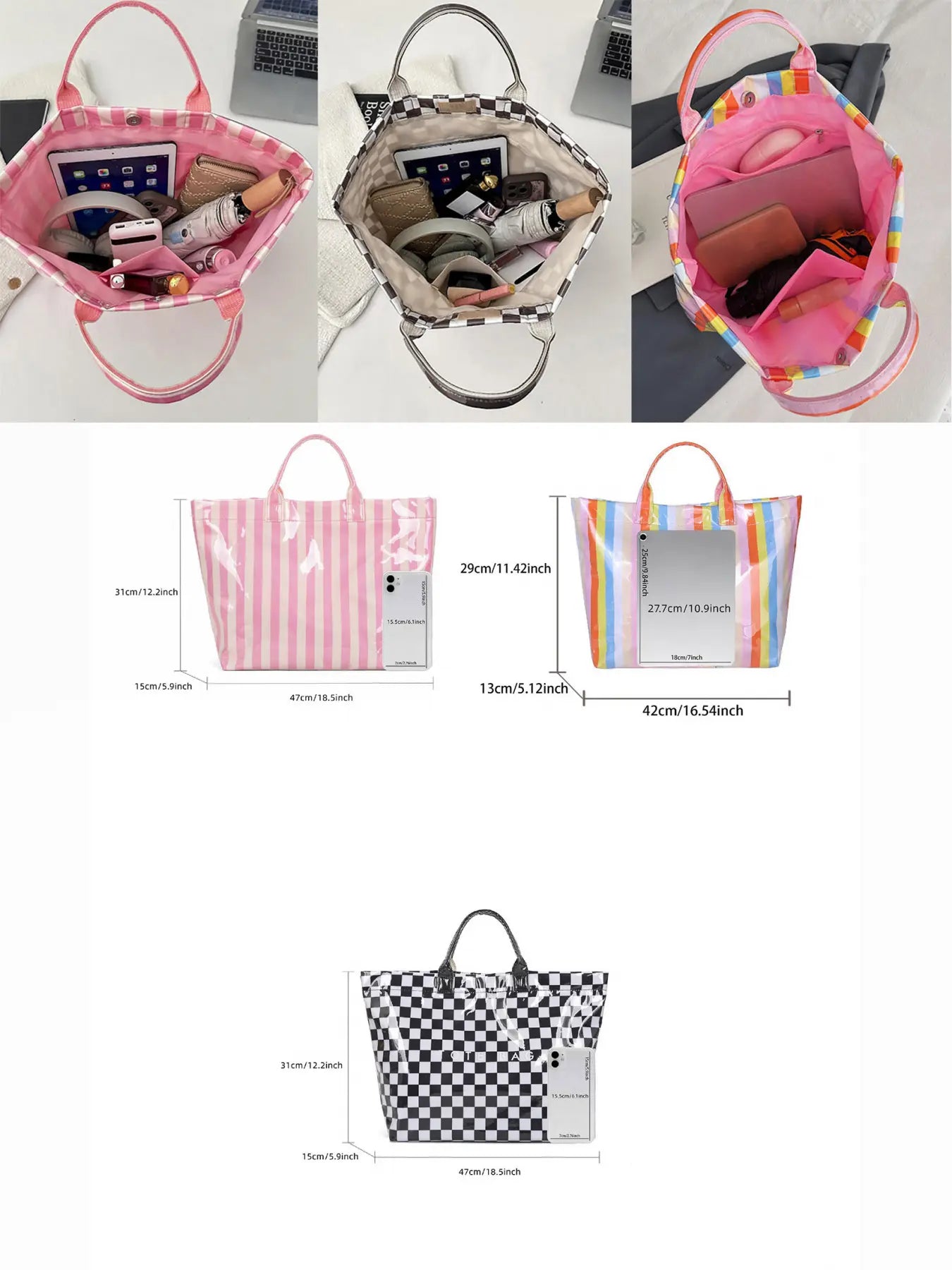 Women'S Simple and Stylish Multi-Color Striped Letter Tote Bag, Daily Large-Capacity Casual Easy-To-Match PVC Checkerboard Handbag, Jelly Tote Bag, Suitable for Various Occasions Such as Commuting, Traveling, Dating, Shopping, Etc., Commuter Tote