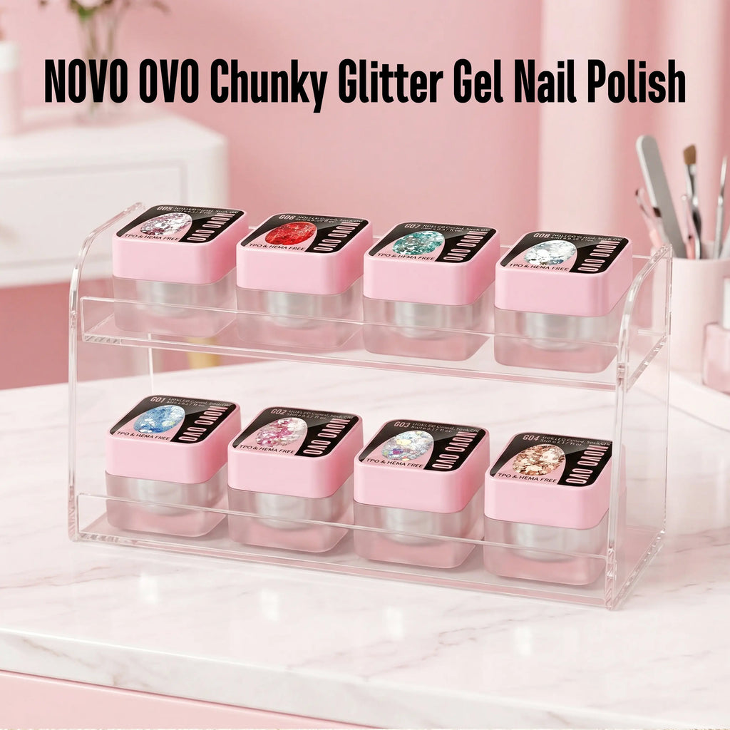 NOVO OVO Chunky Glitter Gel Nail Polish, G01 Oceanic Mist (Blue Holographic Sequins) TPO & HEMA Free, High-Density Sparkle Confetti Varnish, Reflective Soak off UV LED Manicure for DIY Nail Art 5Ml