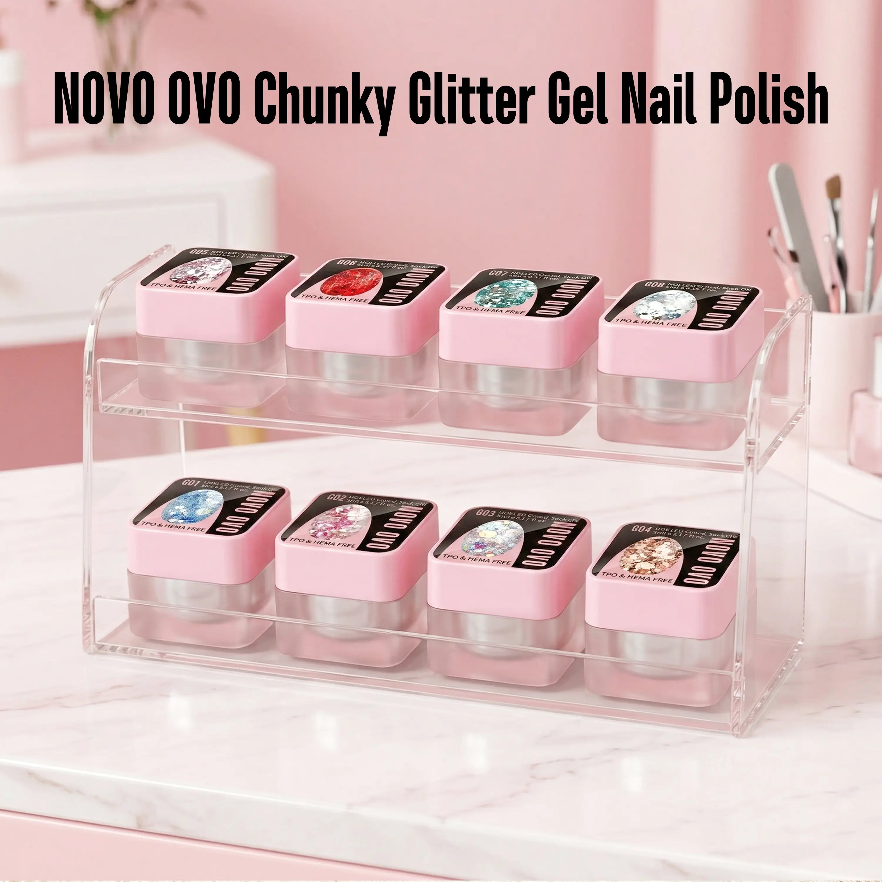 NOVO OVO Chunky Glitter Gel Nail Polish, G01 Oceanic Mist (Blue Holographic Sequins) TPO & HEMA Free, High-Density Sparkle Confetti Varnish, Reflective Soak off UV LED Manicure for DIY Nail Art 5Ml