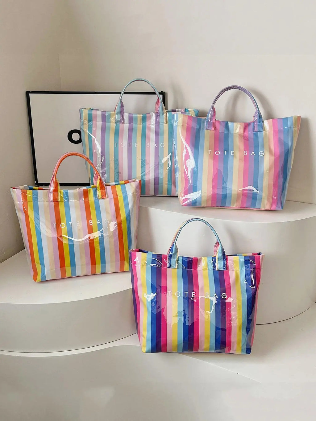 Women'S Simple and Stylish Multi-Color Striped Letter Tote Bag, Daily Large-Capacity Casual Easy-To-Match PVC Checkerboard Handbag, Jelly Tote Bag, Suitable for Various Occasions Such as Commuting, Traveling, Dating, Shopping, Etc., Commuter Tote