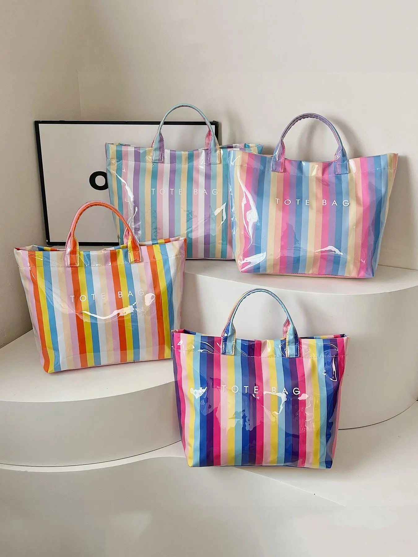 Women'S Simple and Stylish Multi-Color Striped Letter Tote Bag, Daily Large-Capacity Casual Easy-To-Match PVC Checkerboard Handbag, Jelly Tote Bag, Suitable for Various Occasions Such as Commuting, Traveling, Dating, Shopping, Etc., Commuter Tote
