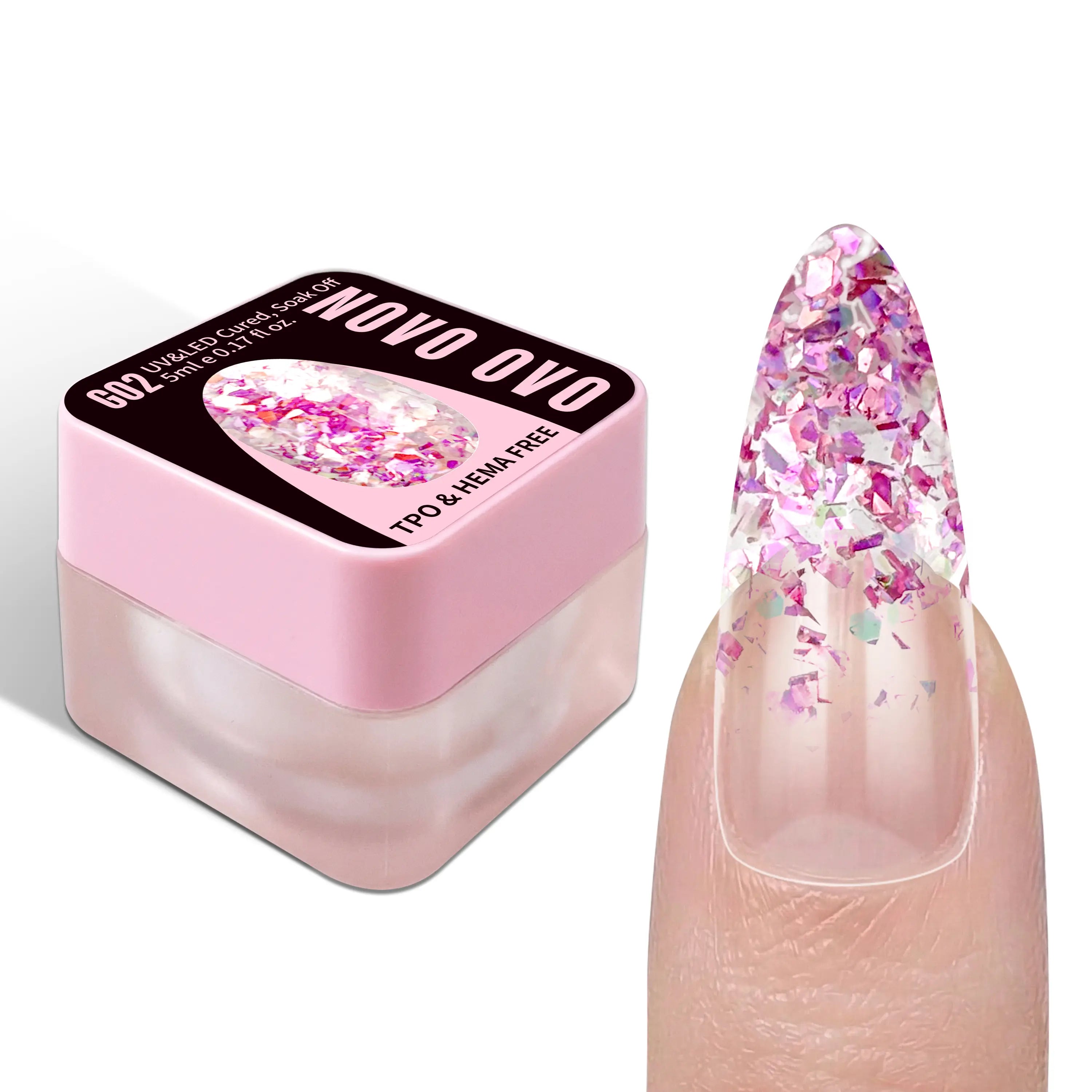 NOVO OVO Chunky Glitter Gel Nail Polish, G01 Oceanic Mist (Blue Holographic Sequins) TPO & HEMA Free, High-Density Sparkle Confetti Varnish, Reflective Soak off UV LED Manicure for DIY Nail Art 5Ml