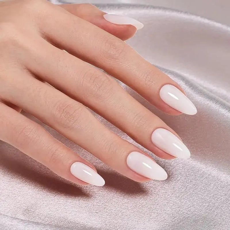 Milky White Beetles Press on Nails | One Reusable Kit (Glue & Tools Included) | No UV Lamp Needed | Natural Glossy Finish | Pre Designed Stick on False Nails with Glue Almond/Square/Coffin/Squoval 16Sizes 32Pcs #Summervibes