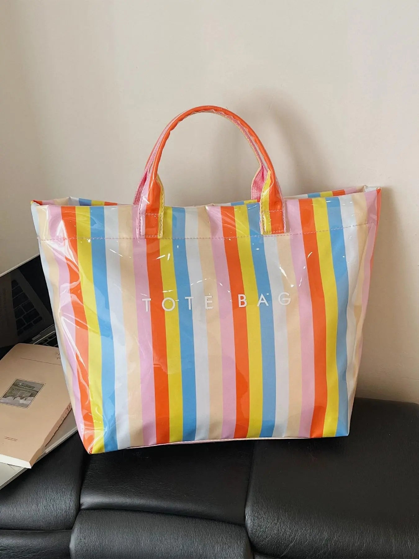 Women'S Simple and Stylish Multi-Color Striped Letter Tote Bag, Daily Large-Capacity Casual Easy-To-Match PVC Checkerboard Handbag, Jelly Tote Bag, Suitable for Various Occasions Such as Commuting, Traveling, Dating, Shopping, Etc., Commuter Tote