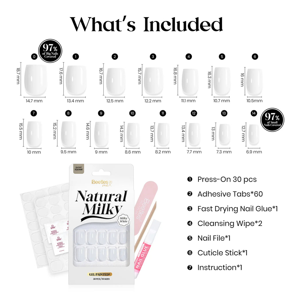 Milky White Beetles Press on Nails | One Reusable Kit (Glue & Tools Included) | No UV Lamp Needed | Natural Glossy Finish | Pre Designed Stick on False Nails with Glue Almond/Square/Coffin/Squoval 16Sizes 32Pcs #Summervibes
