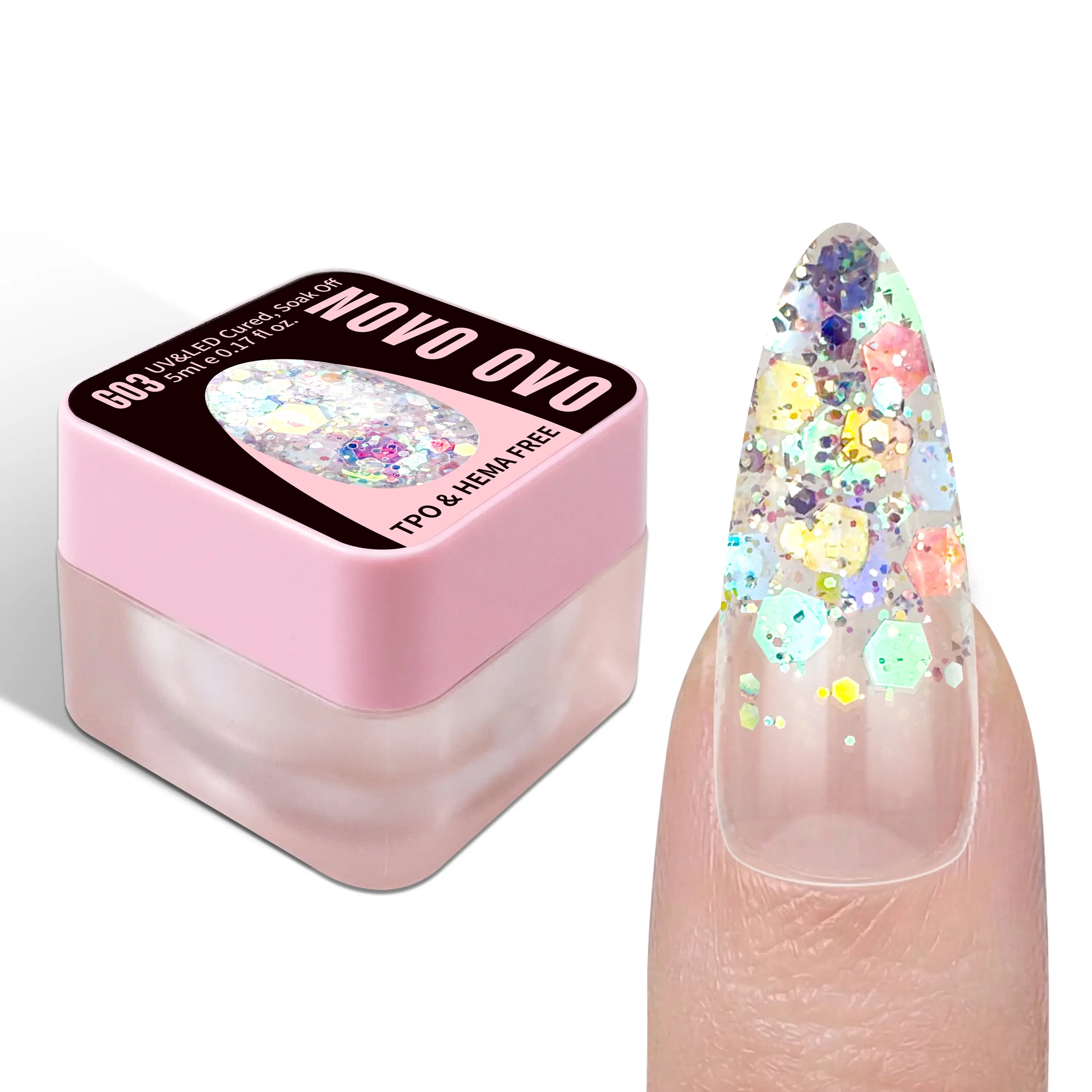 NOVO OVO Chunky Glitter Gel Nail Polish, G01 Oceanic Mist (Blue Holographic Sequins) TPO & HEMA Free, High-Density Sparkle Confetti Varnish, Reflective Soak off UV LED Manicure for DIY Nail Art 5Ml