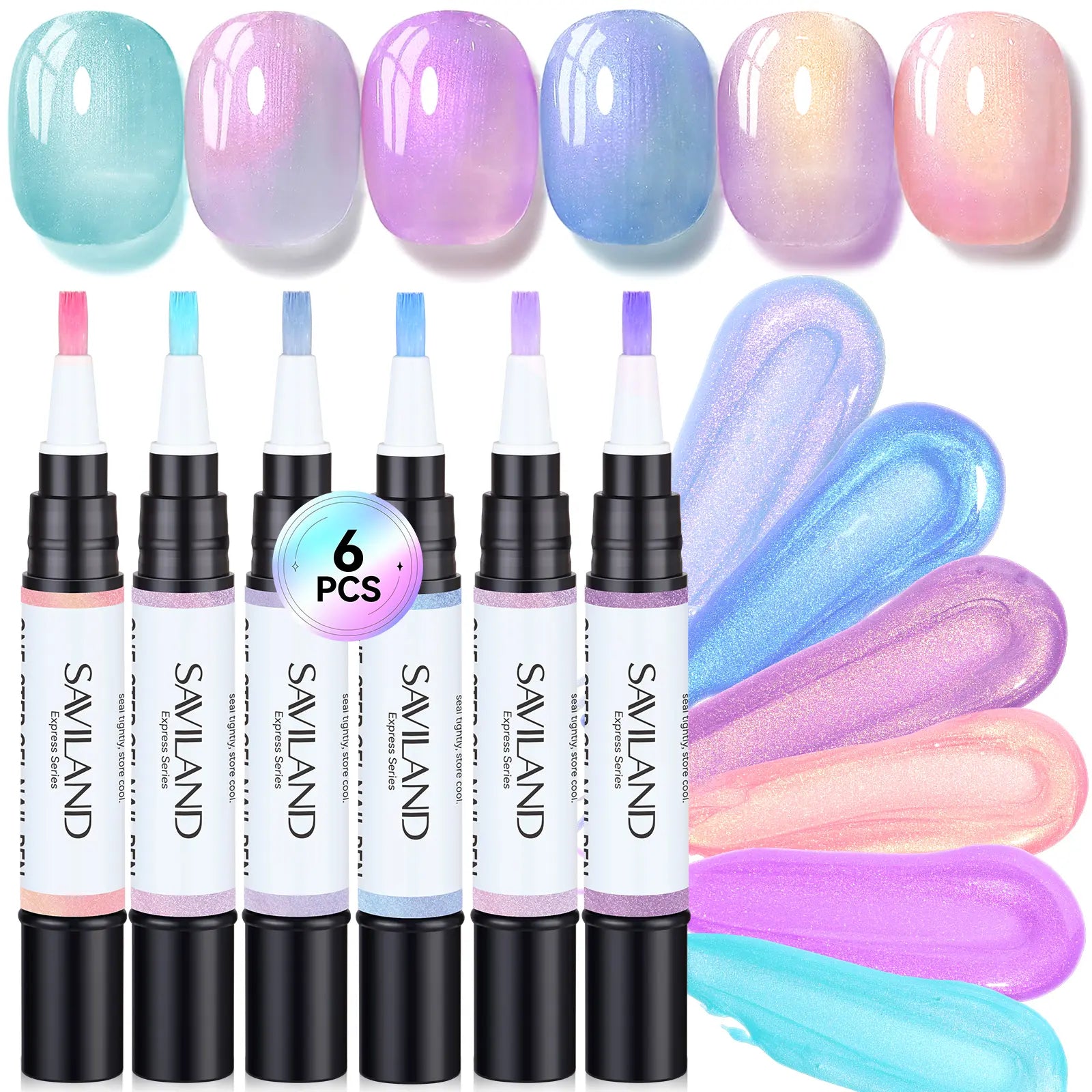 SAVILAND 5-In-1 Gel Nail Polish Pen, Aurora Effect Gel Nail Pen with Base Color Top Coat in One, Easy Apply UV/LED Curing Nail Polish Pen, Travel-Friendly No-Mess Manicure for DIY Nail Art