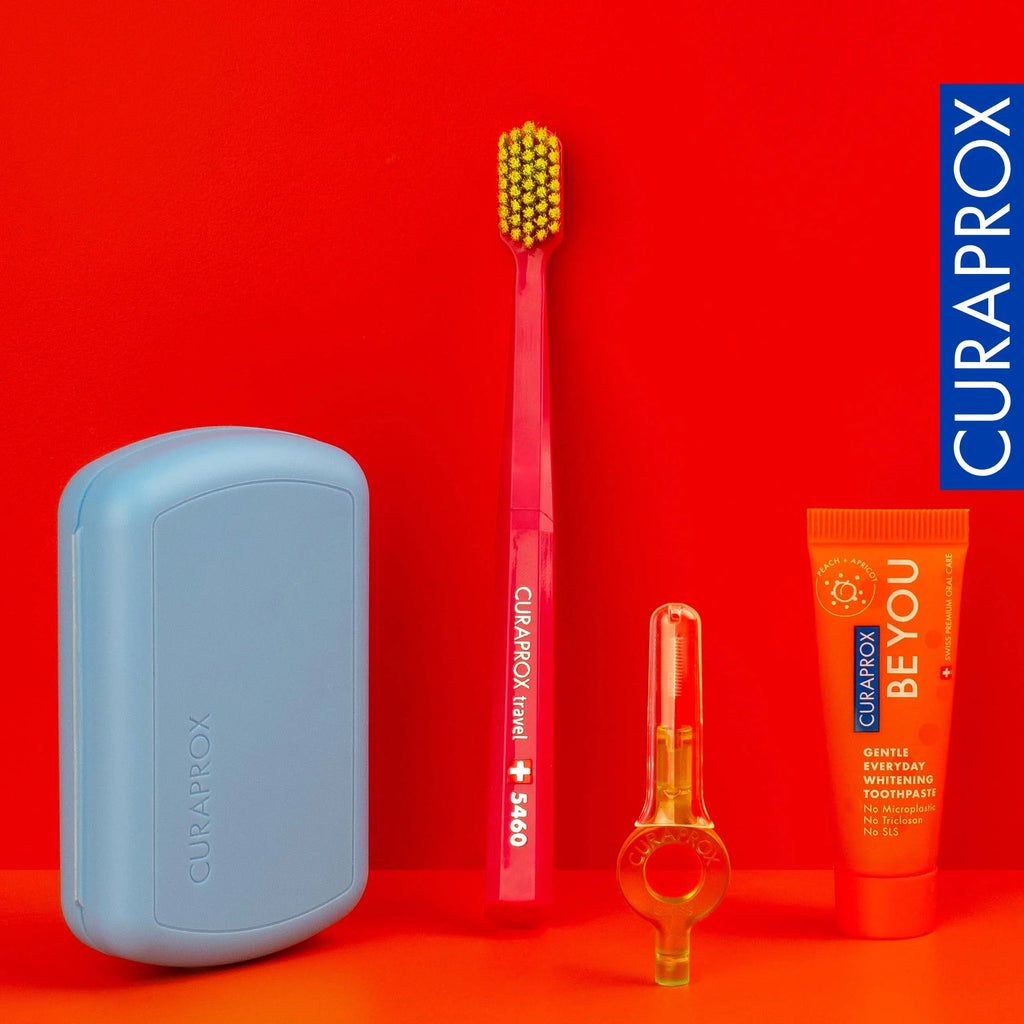 CURAPROX Travel Set Blue Ultra Soft & Gentle Toothbrush CS 5460 Toothbrush Be You Toothpaste & CPS Prime Interdental Brushes for Oral Hygiene