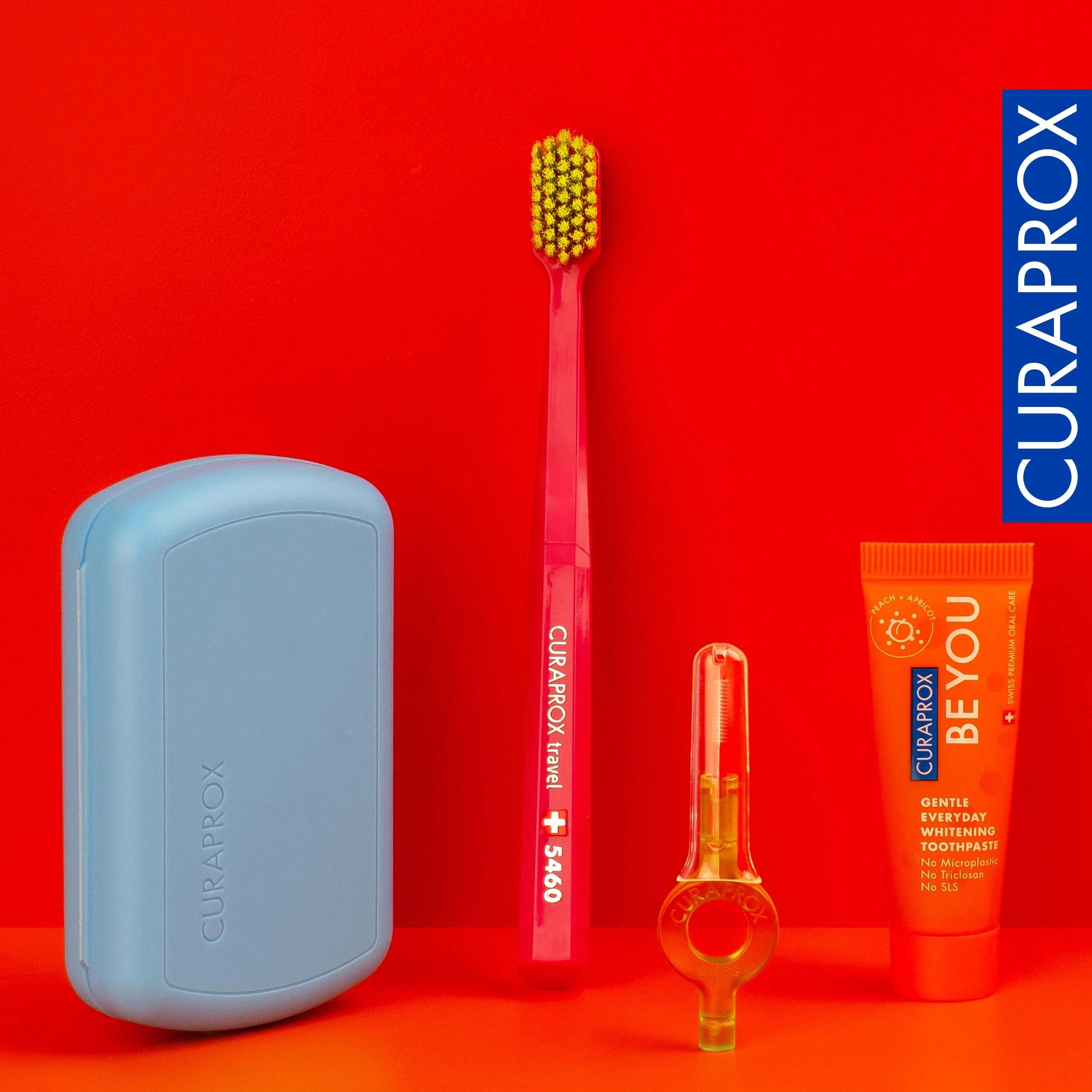 CURAPROX Travel Set Blue Ultra Soft & Gentle Toothbrush CS 5460 Toothbrush Be You Toothpaste & CPS Prime Interdental Brushes for Oral Hygiene